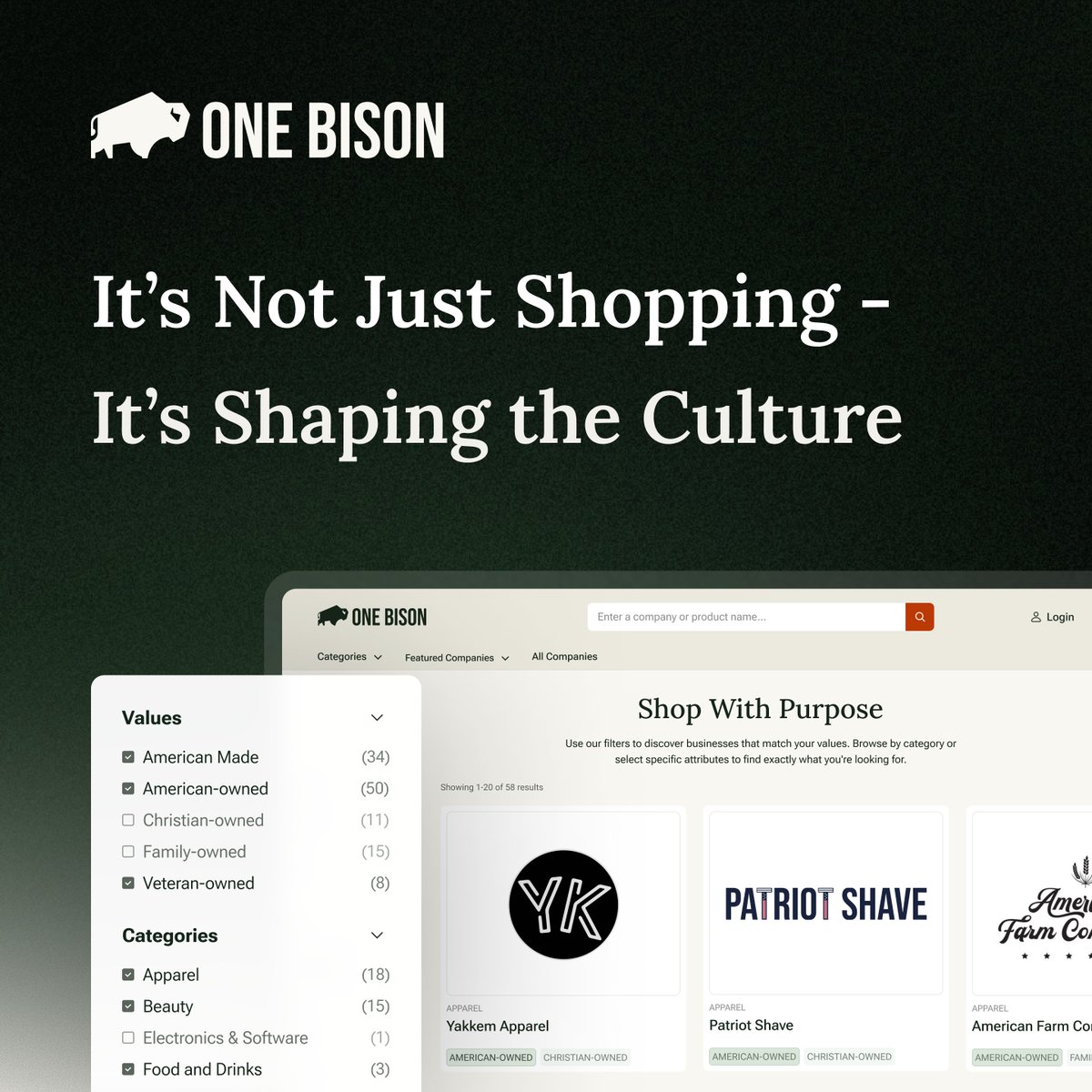 OneBisonUSA's tweet image. Tired of giving money to companies that don't support your values?

We've added over 100 new businesses to the directory. And we're just getting started. 🇺🇸

See the list: onebison.us 

#OneBison #ShopYourValues