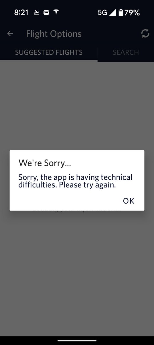 cswhiteman's tweet photo. @Delta my flight is delayed due to mechanical and when I click "find alternative flights" this helpful message comes up https://t.co/s4FOIEYFZh