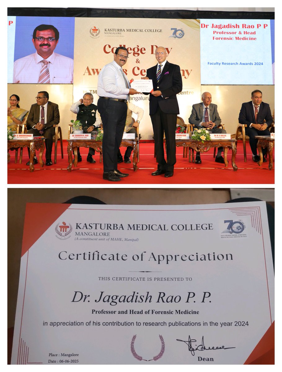 Received award for my research contributions for the year 2024 on the college and awards day ceremony From a very accomplished surgeon, proud alumnus of KMC Mangalore, Padma Shri and Dr B C Roy awardee Dr Raghu Ram P.
(My H index -55, Scopus citations 51,500)
