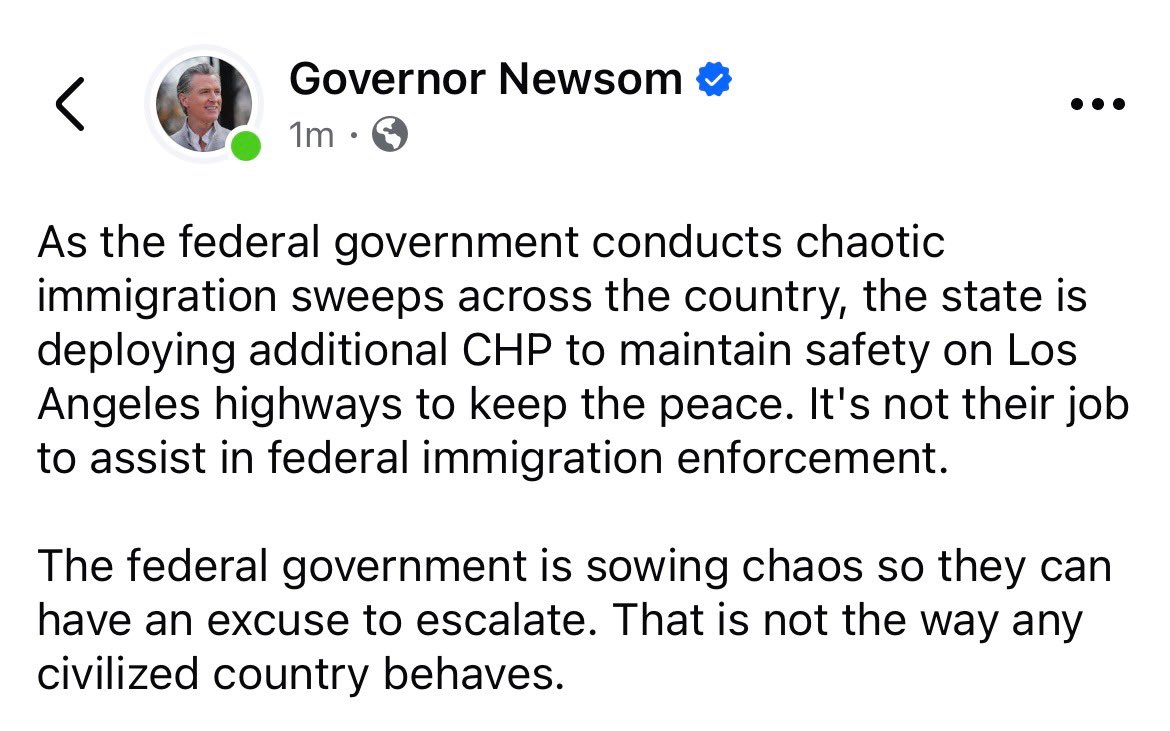 The Trump Administration is mobilizing and deploying the National Guard to Los Angeles. 

There is no insurrection. Residents of our state are coming together to call out injustices and violations of due process by ICE agents.

What we’re witnessing are the actions of a tyrant.