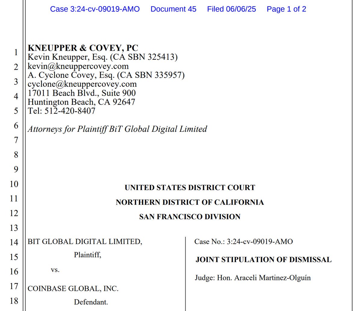 🚨 BREAKING: "BiT Global ritira la causa contro Coinbase: wBTC fuori gioco dopo il lancio di cbBTC"