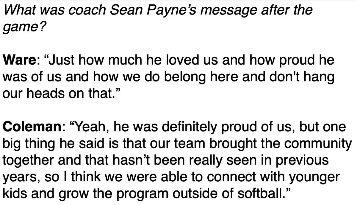 Last thing from me: <a href="/F_C_Athletics/">Floyd Central Athletics</a> juniors <a href="/elisecoleman26/">Elise Coleman</a> and <a href="/addyware2026/">Addyson Ware 2026</a> on <a href="/Floyd_Softball/">FloydCentralSoftball🥎</a> coach Sean Payne’s postgame message, the season at-large. 

“Our team brought the community together.”