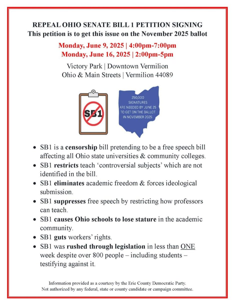 Interested in signing petition to place repeal of SB1 on Nov2025 ballot? Two signing events scheduled in Vermilion! Are you interested in assisting w/events? Call or text Jan - 330.464.5314 for details! 

#eriecountydems #ohdemchairs #ohdems #hurondems_oh #loraincountydems