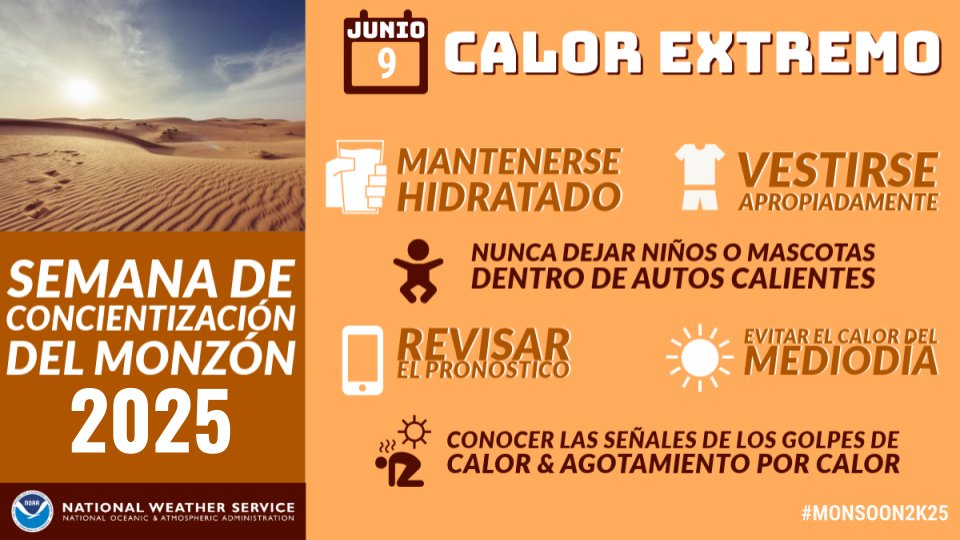 ¡La Semana de Concientización del Monzón ha comenzado! Un peligro común durante la parte inicial del monzón es el calor. Este es usualmente peor antes de que las tormentas se tornen extensas, pero también puede ser problemático durante periodos secos en la temporada. #Monsoon2k25