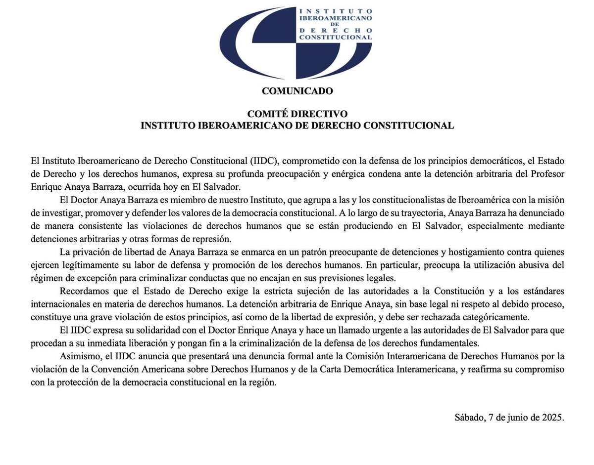 IIDCUNAM's tweet image. Pronunciamiento del Instituto Iberoamericano de Derecho Constitucional.
Enérgica condena a la detención arbitraria del Dr. Enrique Anaya Barraza y llamado urgente a las autoridades de El Salvador para su inmediata liberación.