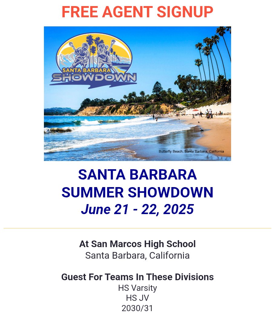Free agent for Santa Barbara Summer Showdown June 21 &amp; 22.  Lacrosse players grad years 2026 - 2032. More: calcoastsports.wixsite.com/showdownseries…