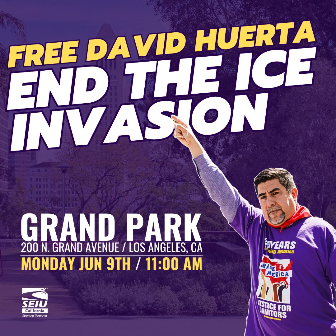 Military style ICE raids in our communities. David Huerta was beaten and dragged away.

Because he saw them and stood up for justice. Because he’s not afraid.

Neither are we.

On MONDAY let's #FreeDavidHuerta, #FreeThemAll

11:00 AM @ Grand Park in Downtown LA (200 N Grand Ave)