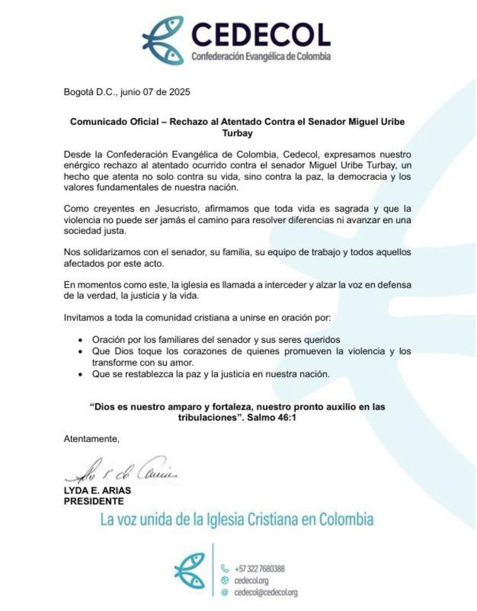 Rechazamos enérgicamente el atentado contra el Senador <a href="/MiguelUribeT/">Miguel Uribe</a>. Elevamos oración por su vida, su protección y la de su familia. La violencia no puede tener lugar en una sociedad que anhela paz y justicia.