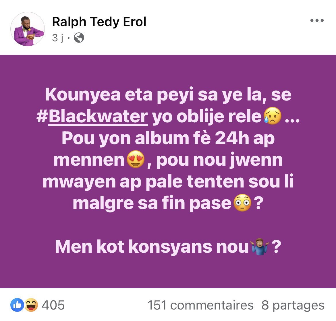 Album “MALÈT BLE” a ak enfliyans enfliyansè nou yo(thread. )

Ps: sila ki KA agimante yo , ou ka vin demanti m ak AGIMAN. Mwn pa gen pwoblem reponn depi se agiman.

Pou m komanse, an reyalite x mw an pa pale ni de HIT , ni tou li pa pale de KALITE MIZIK,  ni DE CHIF PYÈS ALBUM ,