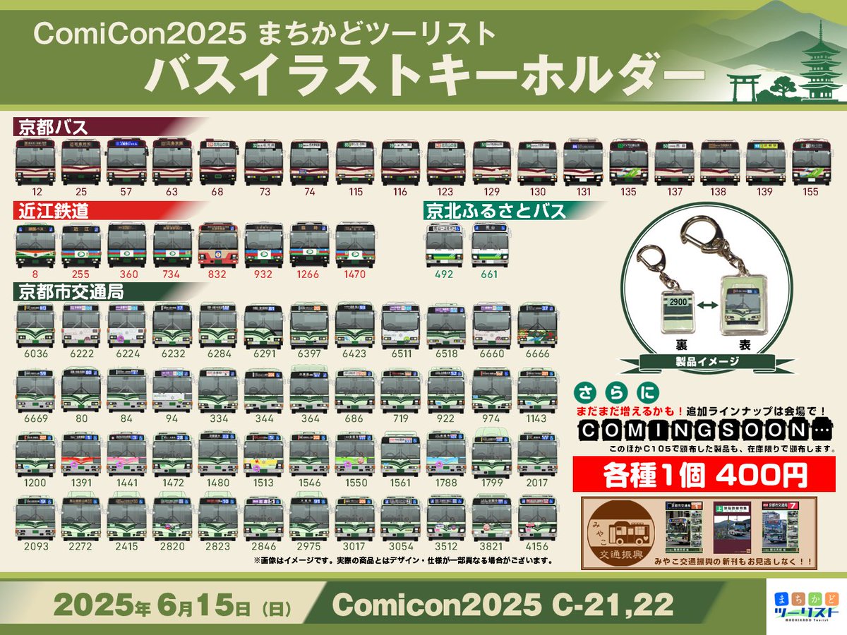 【ComiCon2025 おしながき】
6/15 ComiCon2025 C-21・22「まちかどツーリスト」でバスイラストキーホルダーを頒布！
みやこ交通振興さま監修、過去最大のラインナップでお待ちしてます！
アイテム詳細についてはツリーをチェック✔️
#まちかどツーリスト #まちかどバスキーホルダー #ComiCon