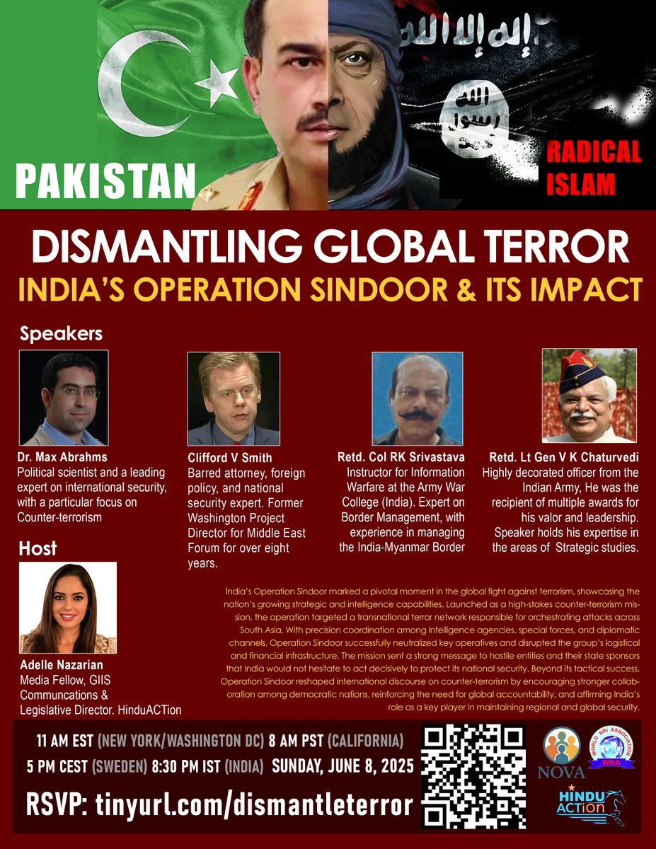Join us invite your friends for an online discussion on Sunday, June 8th at 11:00 AM Eastern time, to hear from some serious thought leaders in US and India on Dismantling Global terror and Impact of India's Operation Sindoor against Pakistan
RSVP link: tinyurl.com/dismantleterror