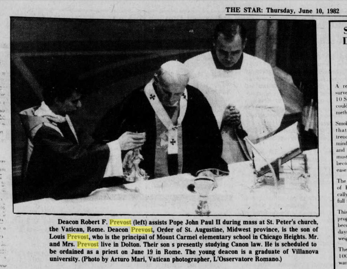 Incredible newspaper photo! Deacon Robert F. Prevost — the future Pope Leo XIV <a href="/Pontifex/">Pope Leo XIV</a> — assisting Pope St. John Paul II during Holy Mass at the altar of St. Peter’s Basilica in the Vatican. June 1982. Then Dcn. Prevost was only days from being ordained a Priest. <a href="/VaticanNews/">Vatican News</a>