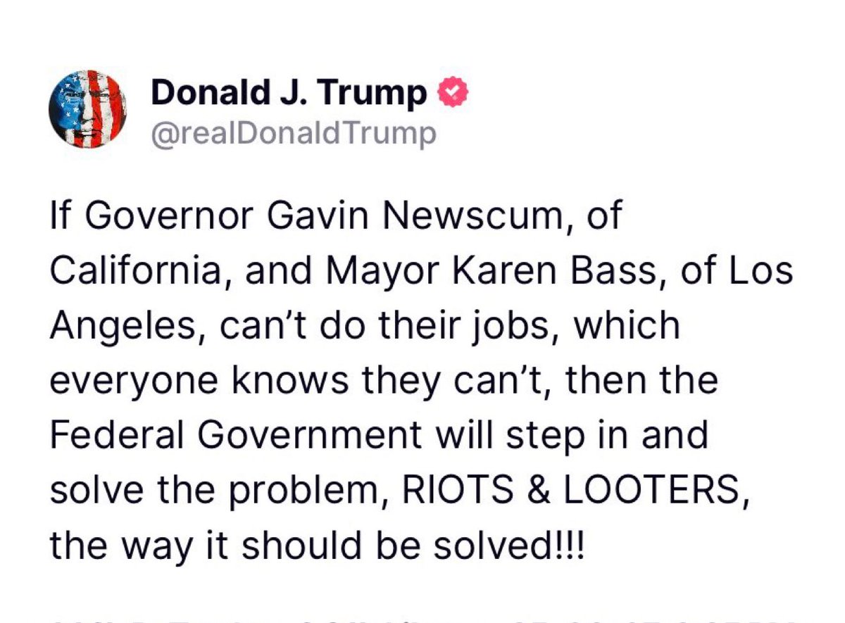 YakeEric's tweet photo. @maddenifico No!  Be fucking smart!  Wake up LA and California.  Nat Guard deployed to LA tonight. DO NOT protest tomorrow!!!!! Repeat!!! DO NOT!!! 
Trump and Homan want to call martial Law in LA. DO NOT!!!!! DO NOT!!!!!!

Repost NOW! https://t.co/il7R6RrcdY