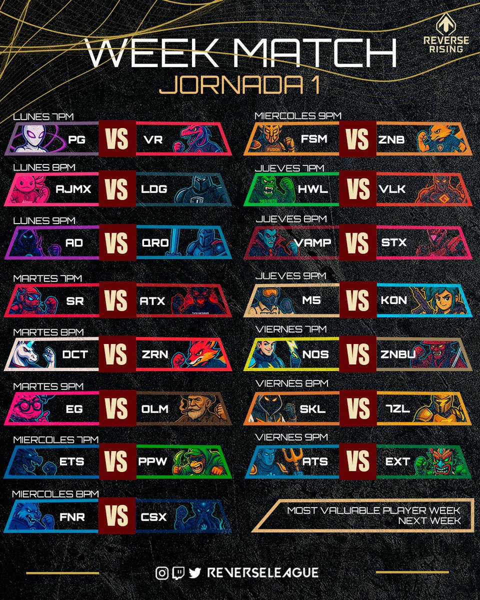#CALENDARIOSEMANAL 

YAAAAA ESTÁAA AQUIIIII!!! 
La #Jornada1 inicia en 2 días! Y como regalito tenemos representado a sus equipos con mascotas Esports!

Se viene una liga súper intensa y por fin veremos los primeros encuentros, esperaban alguno de esos enfrentamientos? 

En fin!