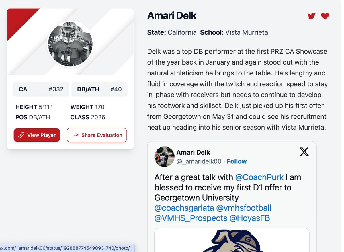 Amari Delk (@_amaridelk00) on Twitter photo Thank you for the evaluation writ-up and ranking!!
@PrepRedzoneCA@JReyes_NP@Gregorian @thehonestupdate@alecsimpson5
@PrepRedzone@CoachPurk <a href="/coachsgarlata/">Coach Sgarlata</a> <a href="/vmhsfootball/">Vista Murrieta Football</a> <a href="/VMHS_Prospects/">Vista Murrieta Football Staff</a> <a href="/HoyasFB/">Georgetown Football</a> Thank you for the evaluation writ-up and ranking!!
@PrepRedzoneCA@JReyes_NP@Gregorian @thehonestupdate@alecsimpson5
@PrepRedzone@CoachPurk <a href="/coachsgarlata/">Coach Sgarlata</a> <a href="/vmhsfootball/">Vista Murrieta Football</a> <a href="/VMHS_Prospects/">Vista Murrieta Football Staff</a> <a href="/HoyasFB/">Georgetown Football</a>
