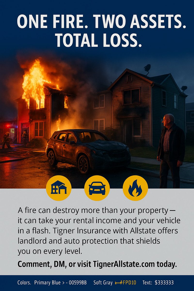 TignerAllstate's tweet photo. https://t.co/Uu833kb8Kr

Flames don’t stop at your front door. Get coverage that protects both your rental property and your car. Tigner Insurance with Allstate has you covered. #AllstatePartner #LandlordBundle #TignerAllstate #AutoAndProperty #InsuranceMatters https://t.co/FCnXtfkEYa