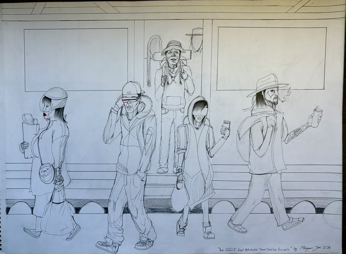 MMcez's tweet photo. “Year 2222 CE: East Behchoko Train Station Arrivals.”-Morgan Zoe, ink on paper, 2025. https://t.co/Q7zHJFoKOn