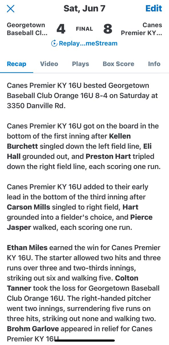 KY Canes Premier 2027 (@canesky2027) on Twitter photo Canes 16U KY Premier with a nice win over GBC. Ethan Miles <a href="/EthanMiles_02/">Ethan Miles</a> gets the W. 3+ innings, 6ks. Brohm Garlove <a href="/brohm_garlove/">Brohm Garlove</a> w a 2+ inning save, 3ks. <a href="/Jacobtodd647/">Jacob todd</a> w a 2B, 2R, 1RBI. <a href="/PHart_21/">Preston Hart</a> w 3B and 2 RBIs.
<a href="/TheCanesBB/">Canes Baseball</a>
<a href="/KentuckyCanes/">Canes Kentucky Recruiting</a> Canes 16U KY Premier with a nice win over GBC. Ethan Miles <a href="/EthanMiles_02/">Ethan Miles</a> gets the W. 3+ innings, 6ks. Brohm Garlove <a href="/brohm_garlove/">Brohm Garlove</a> w a 2+ inning save, 3ks. <a href="/Jacobtodd647/">Jacob todd</a> w a 2B, 2R, 1RBI. <a href="/PHart_21/">Preston Hart</a> w 3B and 2 RBIs.
<a href="/TheCanesBB/">Canes Baseball</a>
<a href="/KentuckyCanes/">Canes Kentucky Recruiting</a>