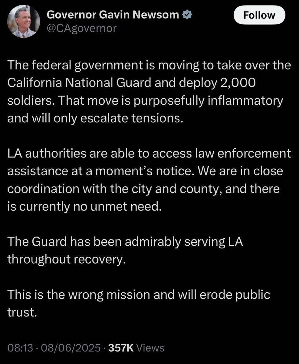 🚨Update: California Governor demands President Trump NOT call up his National Guard to quell riots and rebellion in his rogue state. Declares everything is under control. California moving closer to secession!!