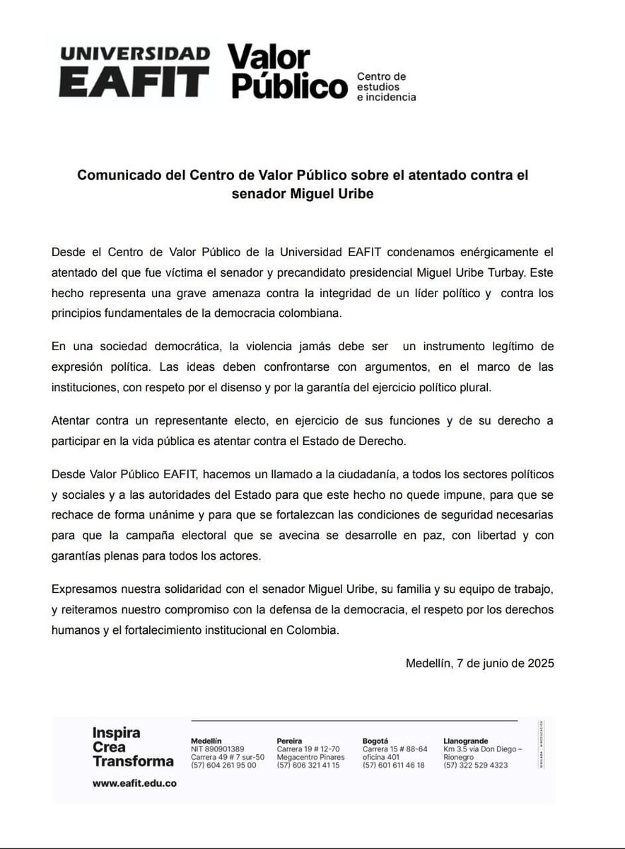 Santiago Tobón (@santiagotobon) on Twitter photo Comunicado de <a href="/CValorPublico/">Valor Público EAFIT</a> de la Universidad <a href="/EAFIT/">Universidad EAFIT</a> sobre los terribles hechos de violencia política del día de hoy en Colombia Comunicado de <a href="/CValorPublico/">Valor Público EAFIT</a> de la Universidad <a href="/EAFIT/">Universidad EAFIT</a> sobre los terribles hechos de violencia política del día de hoy en Colombia