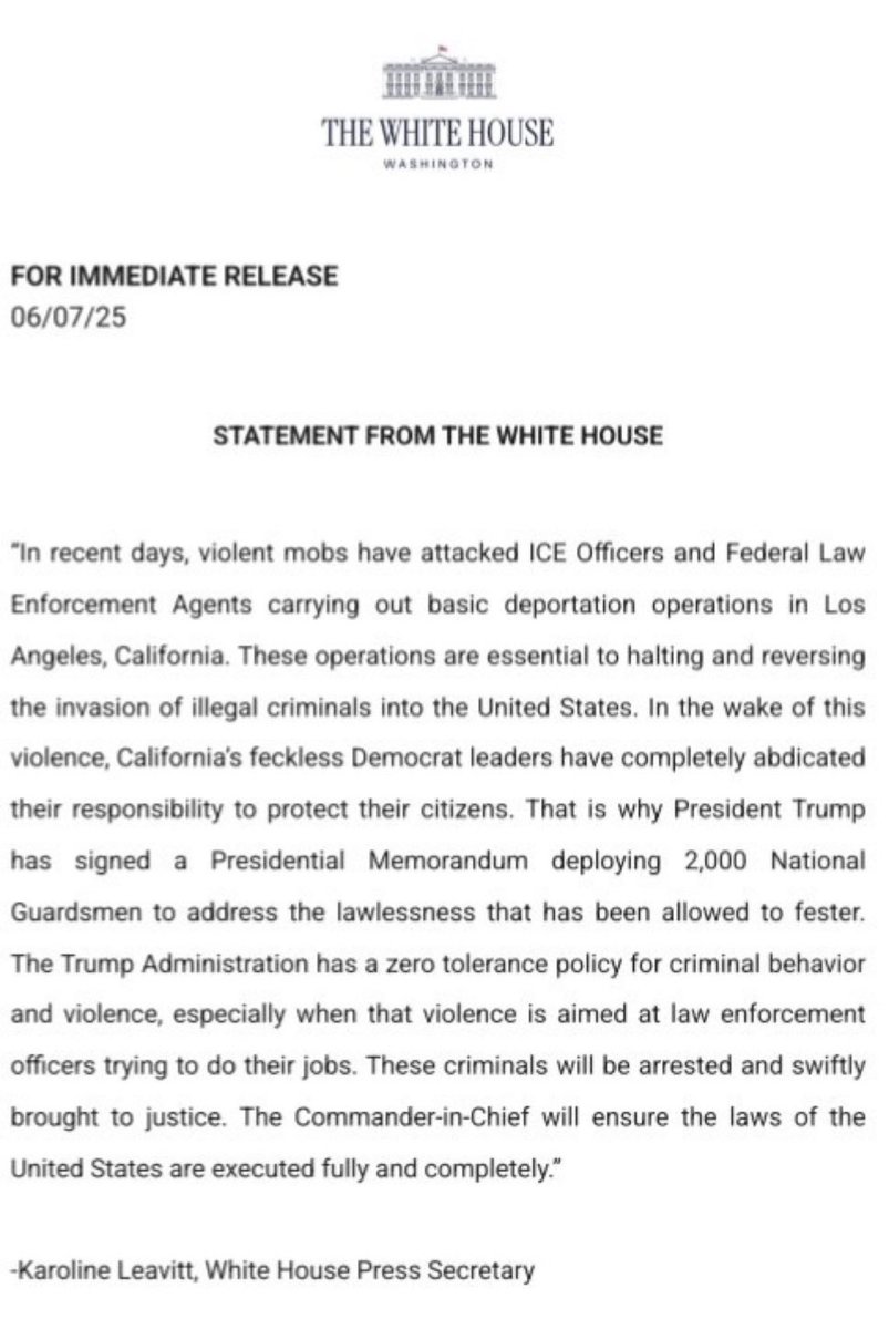 🚨 #BREAKING — IT’S OFFICIAL: 2,000 troops are on their way to Los Angeles tonight quell the rioters after President Trump signed a presidential memorandum for deployment

“These criminals will be arrested and SWIFTLY brought to justice. The Commander-in-Chief will ensure the