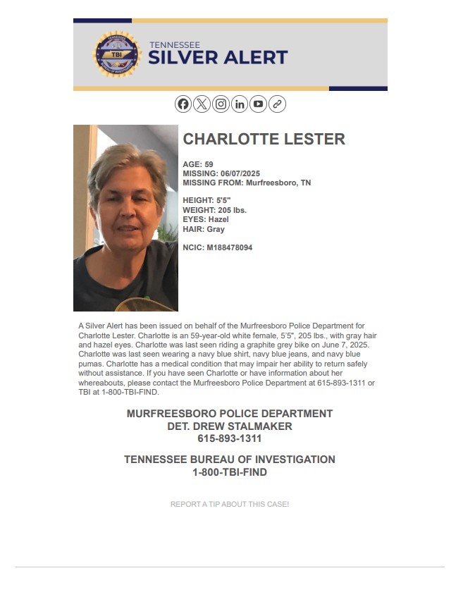MORE: Charlotte Lester, the subject of a #TNSilverAlert was last seen wearing a navy blue shirt, navy blue jeans, and navy blue pumas.

Spot her? Call Murfreesboro Police at 615-893-1311 or TBI at  1-800-TBI-FIND!

2/X