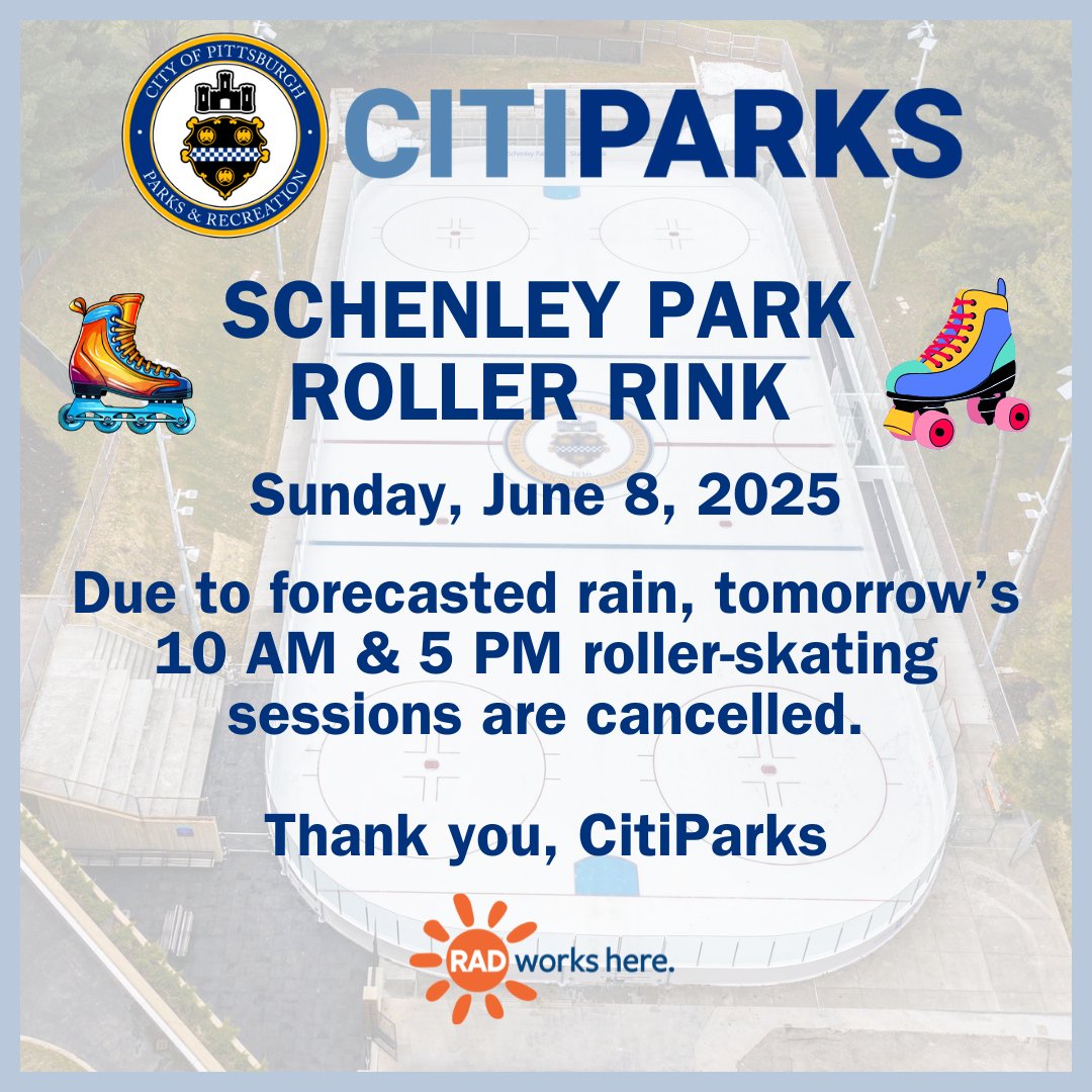 IMPORTANT NOTICE!

Due to forecasted rain, tomorrow's 10 AM &amp; 5 PM roller-skating sessions are cancelled.

Ticket holders, please check your emails for rescheduling instructions. Please be sure to check spam/junk mail, as well.