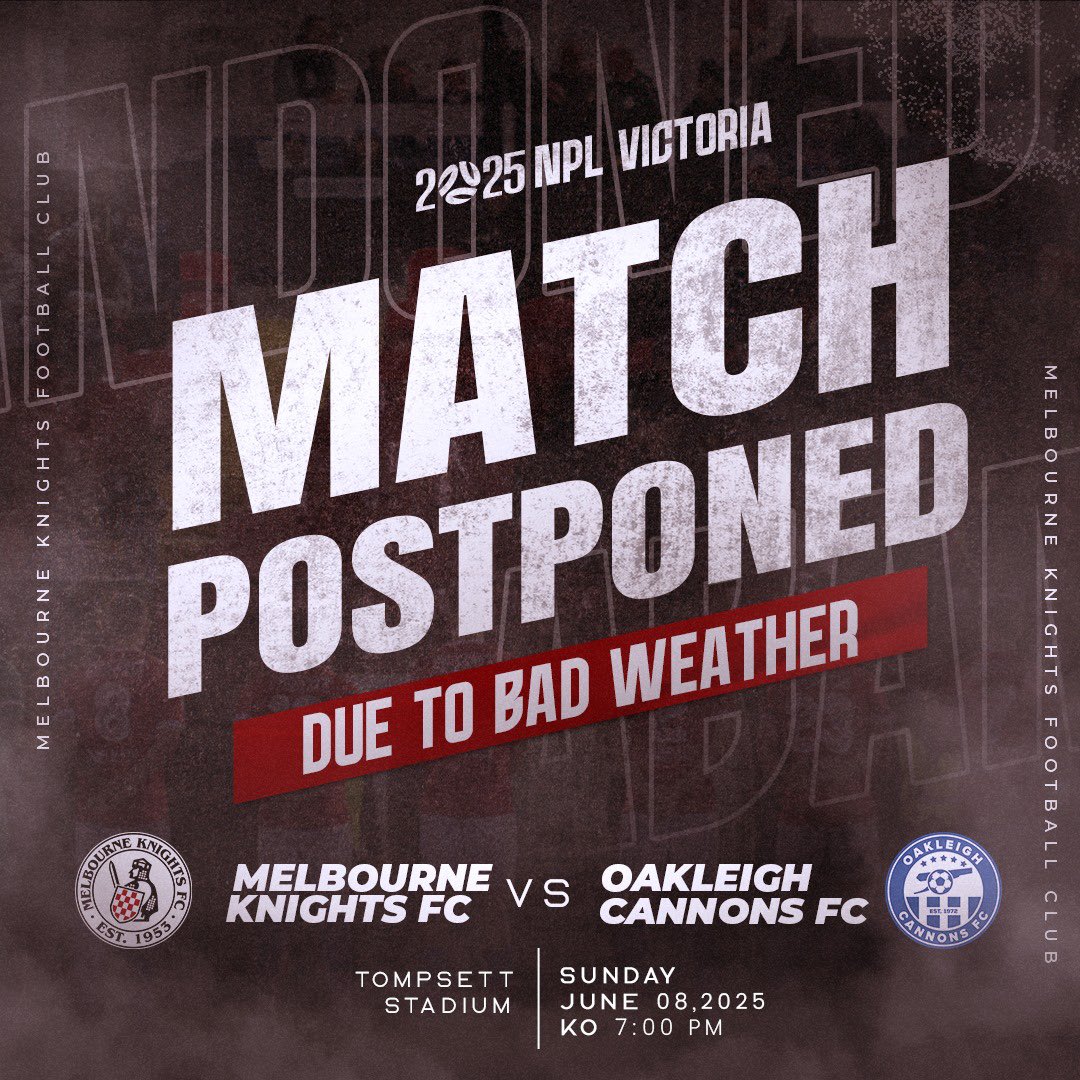 POSTPONED: Our Senior men, U19s and U23s matches will NOT be played today ❌

Due to rain over the past day or so and the forecast for more today, Football Victoria has inspected the grounds and deemed them unsafe to play on.

The Club will announce the rescheduled matches once