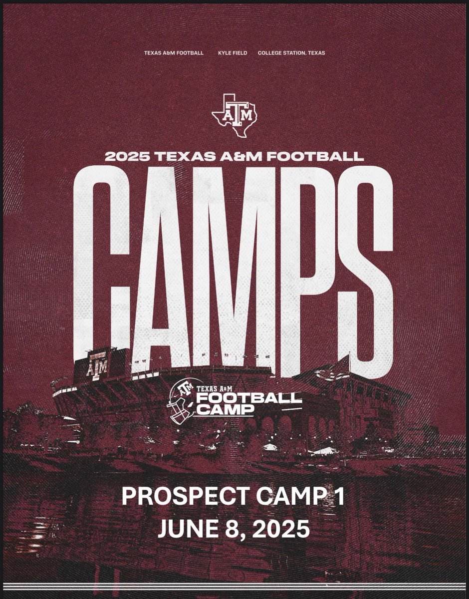 I’ll be at the <a href="/AggieFootball/">Texas A&M Football</a> Prospect Camp 1 tomorrow from 2:45 - 7:35. Looking forward to putting in some good work. <a href="/CoachTroop_/">Trooper Taylor</a> <a href="/CoachMikeElko/">Coach Mike Elko</a> <a href="/CK_KleinCollin/">Collin Klein</a> <a href="/HolmonWiggins/">Holmon Wiggins</a>