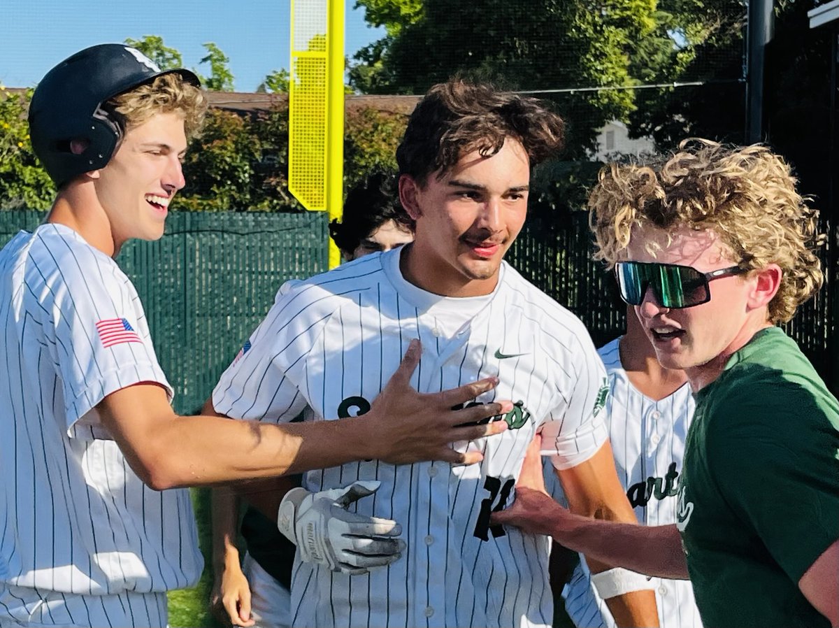 Niko Baumgartner threw out a runner at the plate in top seventh, then got game-winning RBI beating a high chopper in bottom seventh for De La Salle in 5-4 win vs Serra SM to win NorCal D1 title. Niko is Fresno State FB recruit. Played LB and has great upside.
