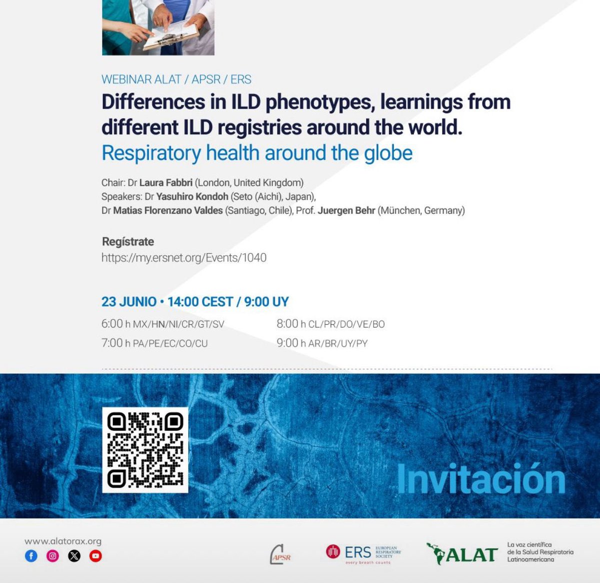 Acompáñanos este 23 de junio en este Webinar colaborativo que realiza ERS -ILD y   ALAT-INTERSTICIO 
link de acceso  : channel.ersnet.org/media-114381-d… 

No te lo pierdas!