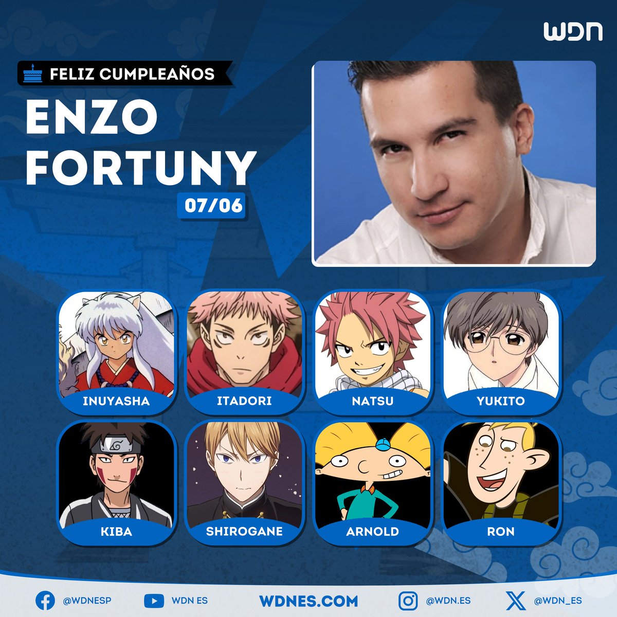 🎂 | Cumpleaños
Le deseamos un feliz cumpleaños al actor de doblaje <a href="/EnzoFortuny/">EF</a>, ¡esperamos que la pase increíble en compañía de sus familiares y seres queridos! 🌟