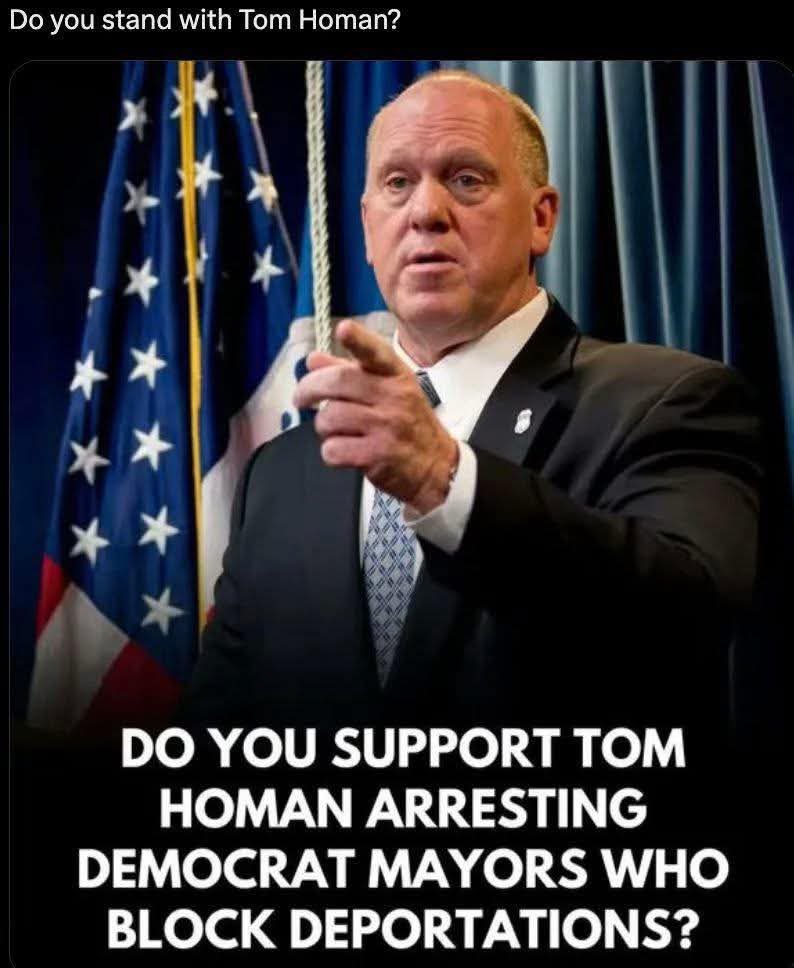 Do you support Tom Homan arresting Democrat mayors who block deportation?

A. Huge yes
B. No