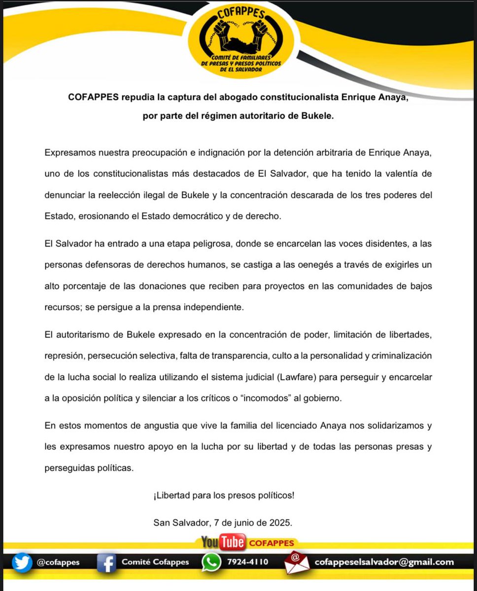cofappes's tweet photo. "El Salvador ha entrado a una etapa peligrosa, donde se encarcelan las voces disidentes, a las personas defensoras de los derechos humanos, se castigan a las oenegés a través de exigirles un alto porcentaje de las donaciones que reciben; se persigue a la prensa independiente" 📜 https://t.co/IGMoZizz8L