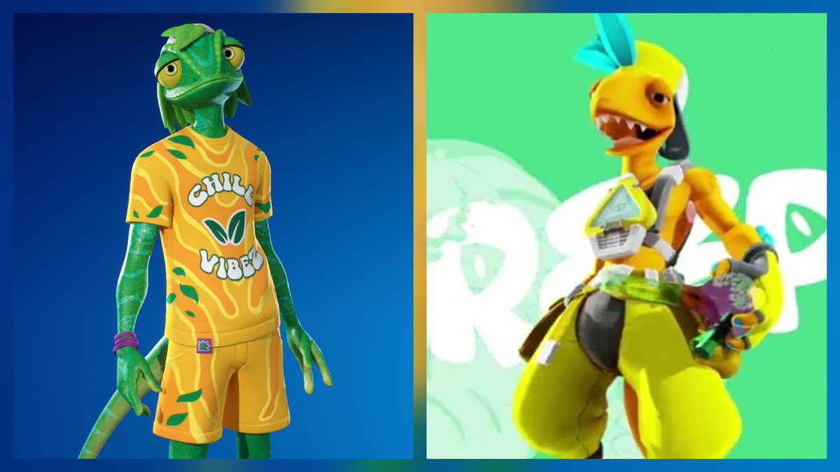 StevowithaV's tweet image. Has @EpicGames featured the @creepz character, Ziggy?
🧵
1. The look and feel
Creepz Ziggy, a lizard, backwards cap, wide set eyes, three fingers, tall and lanky, pot smoker
Epic Ziggy, a chameleon, backwards cap, wide set eyes, three fingers, tall and lanky, "chill"