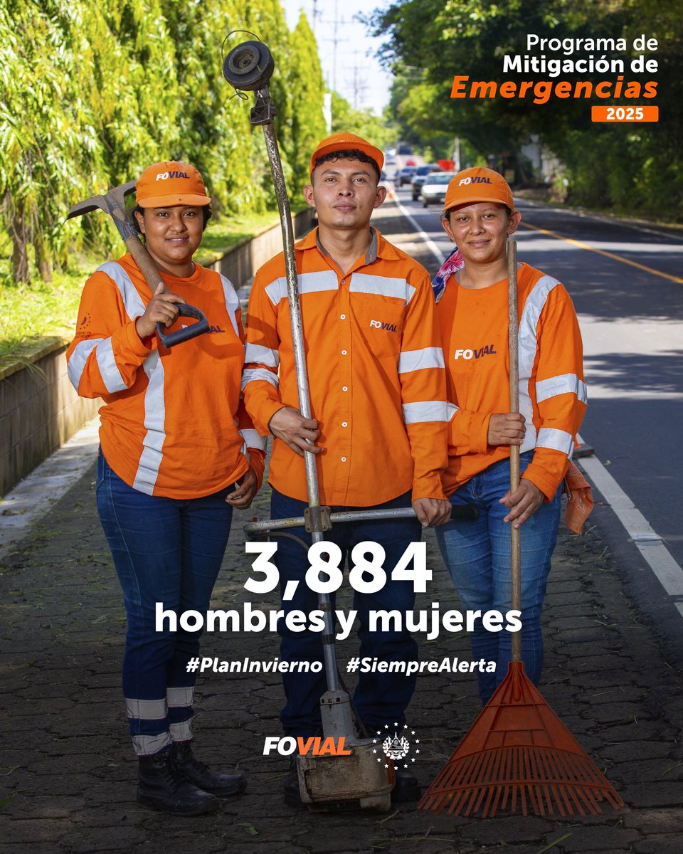 Mujeres y hombres #SiempreAlerta y al servicio de la población salvadoreña para trabajar ante las lluvias. 🧡

Ante cualquier emergencia, haz tu reporte al 7488-9174. 

#PlanInvierno2025 🇸🇻