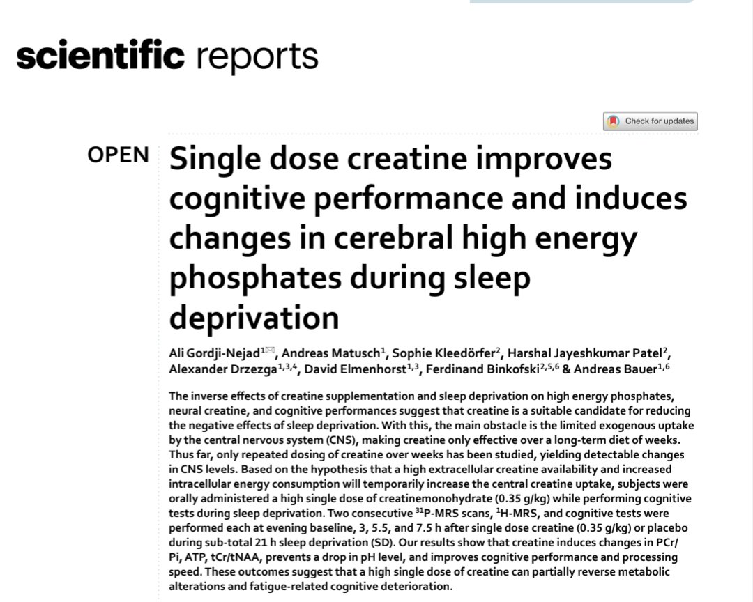DavidMackeyDPT's tweet image. A single, high dose of #creatine (0.35g/kg) can partially reverse the metabolic alterations and cognitive deterioration associated with acute sleep deprivation.
nature.com/articles/s4159…