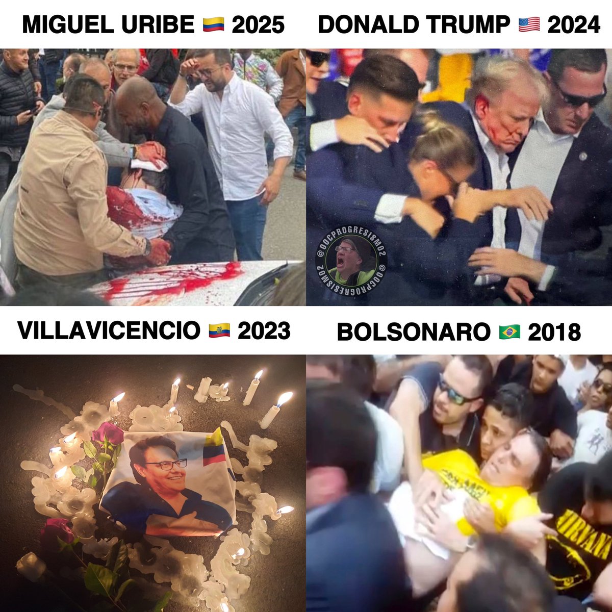 La izquierda intentando asesinar candidatos de derecha:

🇨🇴 Uribe 2025
🇺🇸 Trump 2024
🇪🇨 Villavicencio 2023
🇧🇷 Bolsonaro 2018