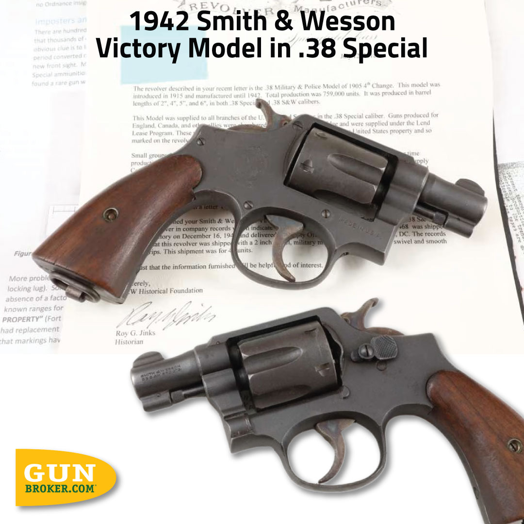 GunBroker's tweet image. 1942 S&amp;amp;W Victory Model – .38 Special
🔗 bit.ly/4jJq3rd

🔸 Ultra-rare 2” barrel
🔸 1 of 42 sent to Naval Supply Depot, NY
🔸 Includes factory docs + original shipping records

🥸 Is this the rarest configuration of the WWII Victory Model?

#SmithandWesson
