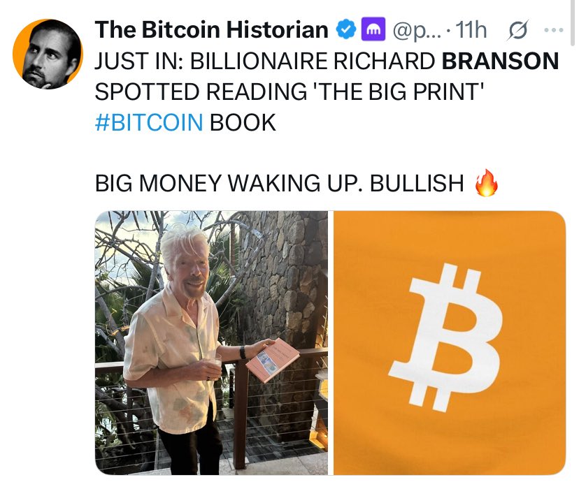maxkeiser's tweet image. Richard Branson (@richardbranson) taking up President Bukele’s recommendation and seen with a copy of @LawrenceLepard’s, “The Big Print”