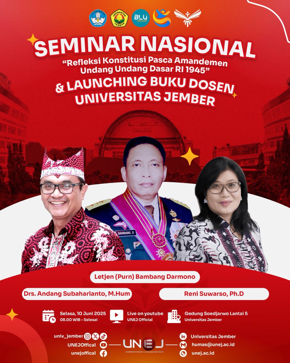 Seminar Nasional dalam rangkaian bulan pancasila dan Peluncuran Buku Dosen #UNEJ live di YouTube UNEJ Official 

Siap-siap dapatkan ilmu baru &amp; inspirasi langsung dari para ahli💫

#UniversitasJember
#SemarakBulanPancasila
#SemarakBulanPancasilaUNEJ