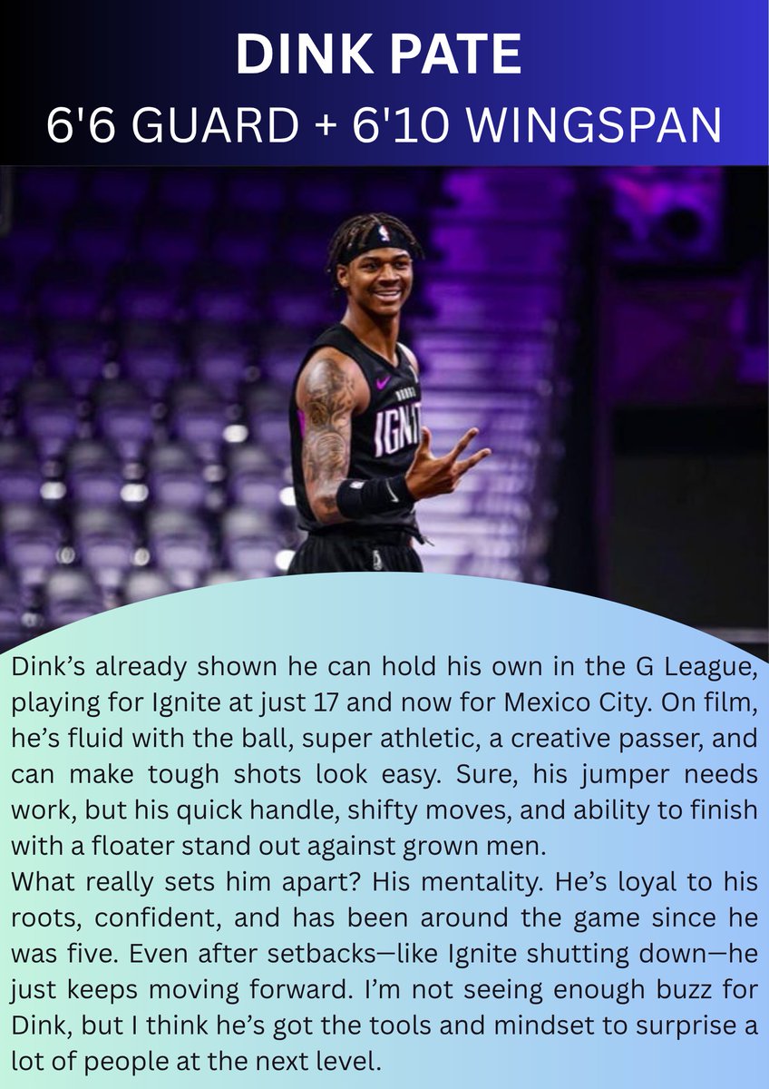 _therealjonesy_'s tweet image. Most mocks have Dink Pate going undrafted this year, but I’ve got him as the #22 prospect in the class—and here’s why:
Who’s your sleeper for this draft? Drop your pick and let’s talk about who’s flying under the radar. 👀🏀
#NBADraft #DraftAnalysis #SleeperPick