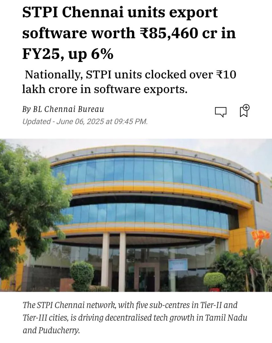 STPI Chennai is catalyzing the IT growth in the state and strengthening India’s FinTech ecosystem. 
STPI Chennai units export software worth ₹85,460 cr in FY25, up 6%.  Nationally, STPI units clocked over ₹10 lakh crore in software exports. 
Read more: thehindubusinessline.com/info-tech/stpi…