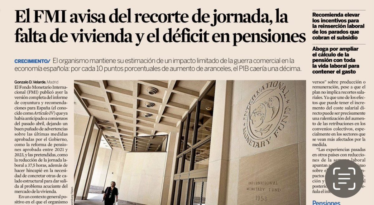 🚨 También el FMI alerta de las consecuencias negativas del recorte de jornada por decreto que pretende <a href="/Yolanda_Diaz_/">Yolanda Díaz</a> .
Otra institución que rechaza la medida y ya van …

<a href="/GonzaloDiaz37/">Gonzalo D. Velarde</a> <a href="/expansioncom/">expansioncom</a>