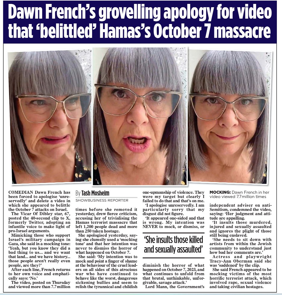 AgentP22's tweet photo. Dawn French didn't just "miss the mark" — she mocked the rape, torture, and slaughter of Israelis on October 7, then played victim after being called out. 

Her apology reeks of PR damage control, not remorse. 

A truly disgusting woman. https://t.co/jPB9iEfCrX