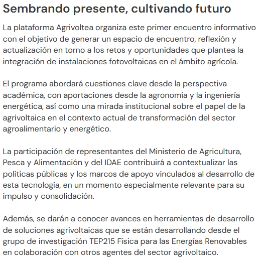 Luisma_Fdez's tweet photo. La plataforma @Agrivoltea organiza  este encuentro como un espacio de reflexión y actualización sobre los  retos y oportunidades que plantea la integración de instalaciones fotovoltaicas en el ámbito agrícola. https://t.co/BqQqDYA1Xa