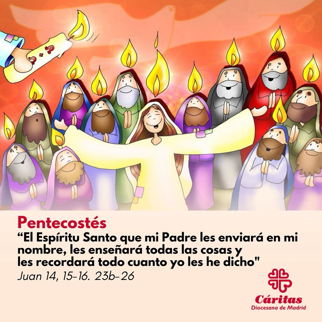 🔥 ¡Hoy celebramos Pentecostés!
El Espíritu Santo irrumpe en nuestras vidas para renovarlo todo.
No estamos solas ni solos: Dios nos da su aliento, su paz y su fuerza.

💨Como a los primeros discípulos, el Espíritu nos saca del miedo y nos impulsa a la misión.
Hoy también somos