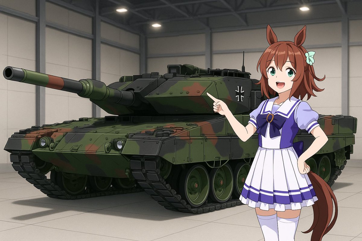 clamchowder_hei's tweet image. ChatGPTに、ウマ娘のラインクラフト(Rhein Kraft)がラインメタル社(Rheinmetall AG)製滑腔砲搭載のレオパルト2(A7V)を指さしてるイラストを生成してもらったけど、
Stable Diffusionではないから多少キャラ再現の精度に限界を感じるなぁ
 #ウマ娘  #ラインクラフト  #Leopard2A7V
 #Rheinmetall