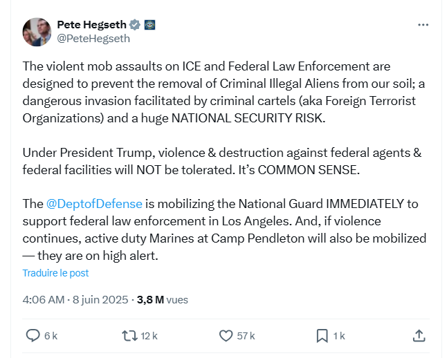 CorentinSellin's tweet image. 11. Mais il est clair que l'on est entré dans un affrontement inédit par son intensité entre pouvoir fédéral central et pouvoir local de #Californie. Le secrétaire à la Défense de #Trump, Hegseth,promet déjà si besoin la possible intervention des Marines basés en Californie...