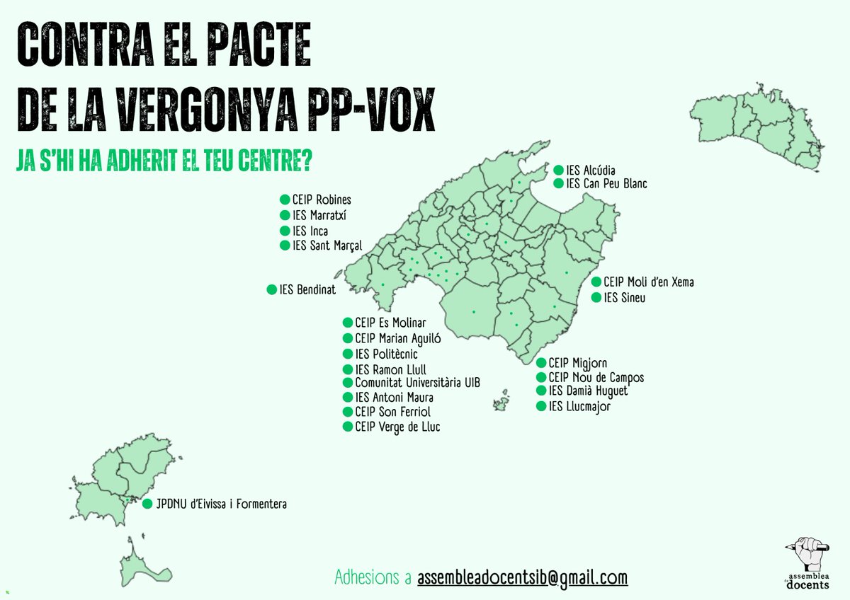 AssembleadocentsIB (@assembleadocent) on Twitter photo Continuen les adhesions dels centres de les Illes Balears a la lectura del manifest contra el pacte de la vergonya PP-VOX de dia 11 de juny
El teu centre ja hi és?
Afegeix-t'hi a assembleadocentsib@gmail.com
assembleadocentsib.blogspot.com/2025/06/manife… Continuen les adhesions dels centres de les Illes Balears a la lectura del manifest contra el pacte de la vergonya PP-VOX de dia 11 de juny
El teu centre ja hi és?
Afegeix-t'hi a assembleadocentsib@gmail.com
assembleadocentsib.blogspot.com/2025/06/manife…